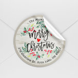 Sticker Rond Merry Christmas Holly Wreath Return Adresse Étique<br><div class="desc">Joyeux Noël Calligraphie Typographie Script avec Holly Floral Wreath et Mistletoe Red Berries Retourner Adresse Étiquettes Modèles. Aquarelle rouge et verte Berry botanique de Noël et Pins. Joyeux voeux de Noël Joyeux Noël brillant Collections de voeux de Noël de la saison des Fêtes.</div>