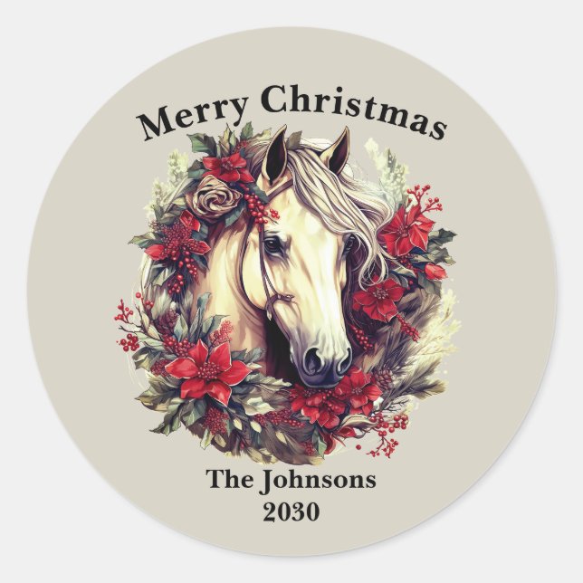 Sticker Rond Merry Christmas Horse Wreath (Devant)