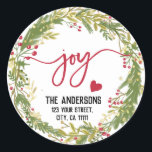 Sticker Rond Merry Christmas Joy Holy Wreath Rustic<br><div class="desc">Merry Christmas Joy Holy Wreath Return Address Labels,  Rustic Typografy with glitter greenery</div>