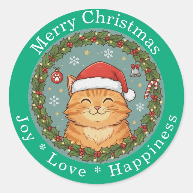 Sticker Rond Merry Christmas Joy Love Happiness Cute Cat  (Devant)