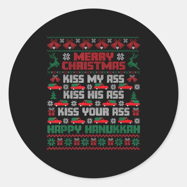 Sticker Rond Merry Christmas Kiss My Hiss Your Happy Hanukkah  (Devant)