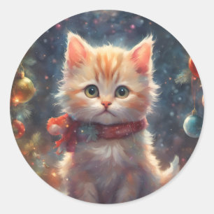 Sticker Rond Merry Christmas Kitty Chat, Vacances Kitty, Animal