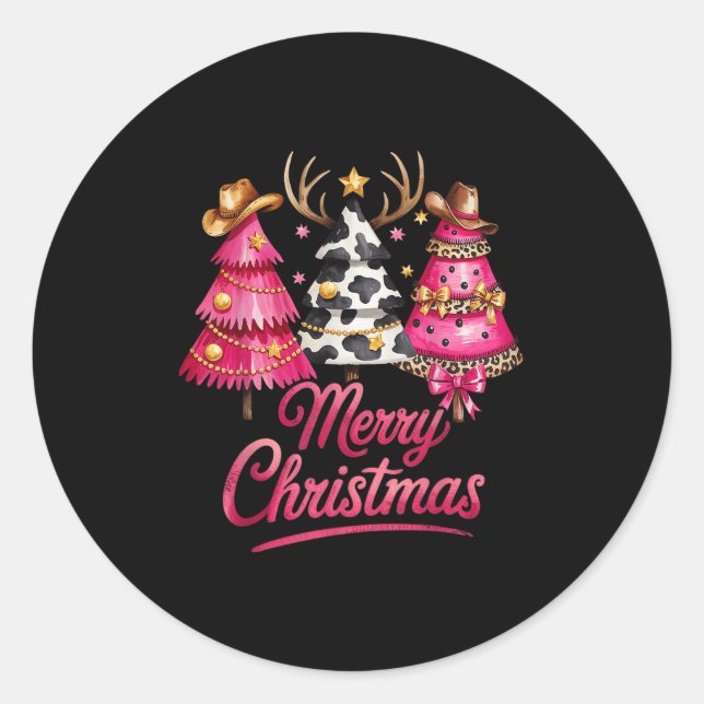Sticker Rond Merry Christmas Leopard Cowhide Nk Xmas Tree Rodeo (Devant)