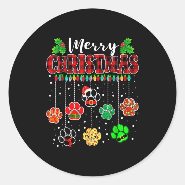 Sticker Rond Merry Christmas Lights Dog Paw Xmas  (Devant)