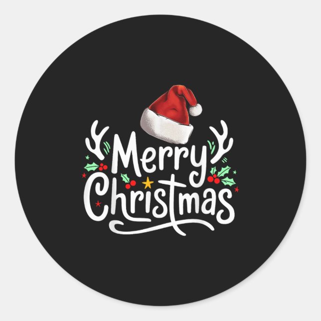 Sticker Rond Merry Christmas Lights Red Santa Hat Xmas Family  (Devant)