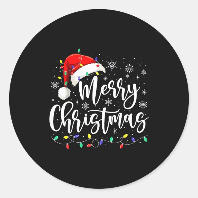 Sticker Rond Merry Christmas Lights Red Santa Hat Xmas Family M (Devant)