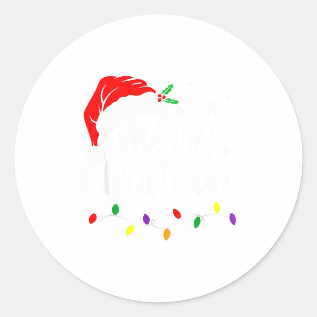 Sticker Rond Merry Christmas Lights Red Santa Hat Xmas Family M (Devant)