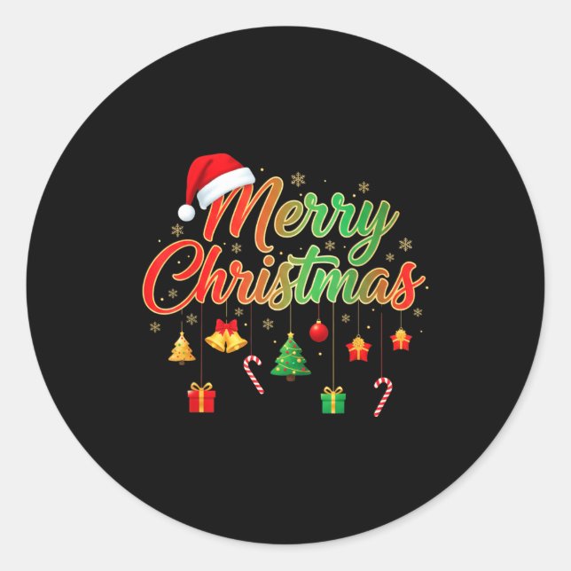 Sticker Rond Merry Christmas Lights Santa Hat Family Matching T (Devant)