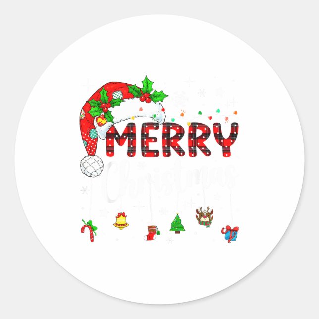 Sticker Rond Merry Christmas Lights Santa Hat Xmas Family Match (Devant)