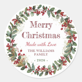 Sticker Rond Merry Christmas Made with Love | Rustic Watercolor