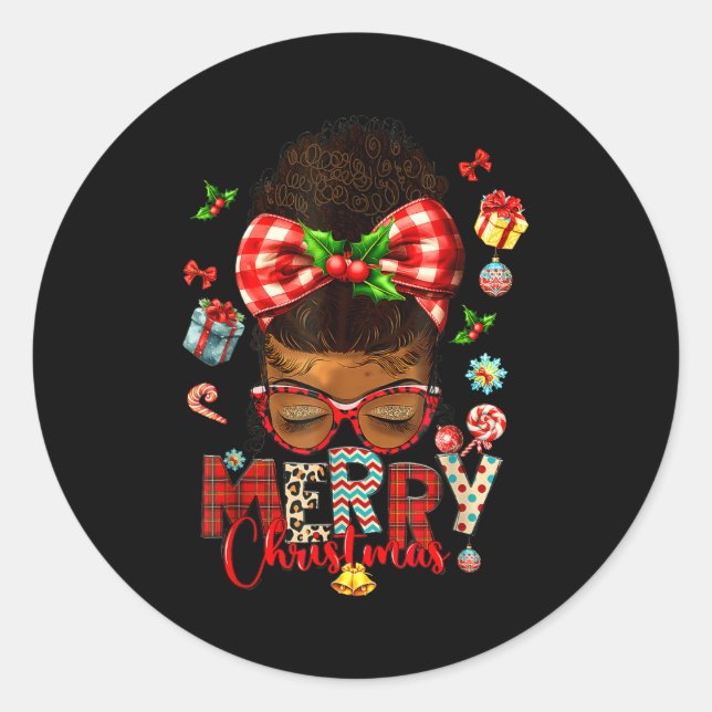 Sticker Rond Merry Christmas Messy Bun Black Women African Amer (Devant)