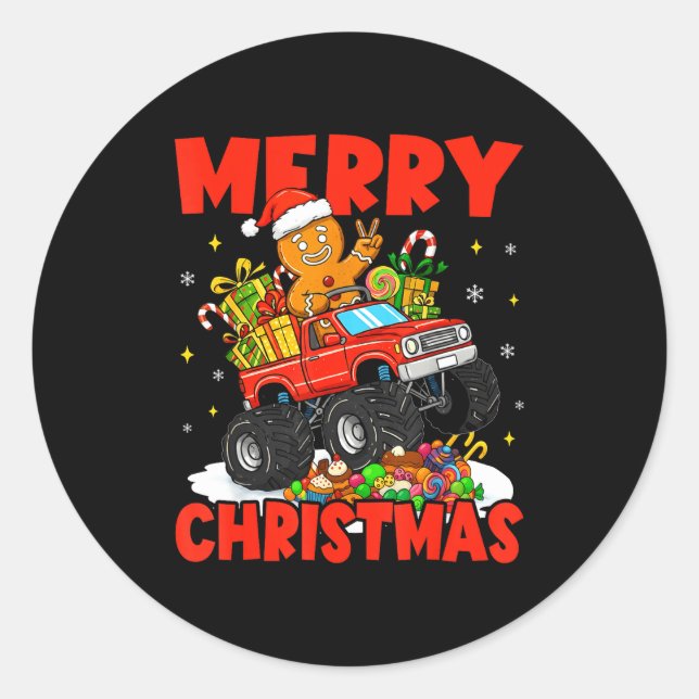 Sticker Rond Merry Christmas Monster Truck Funny Gingerbread Me (Devant)