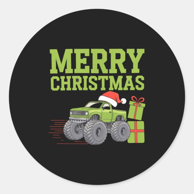 Sticker Rond Merry Christmas Monster Truck Toddler Boys Xmas  (Devant)