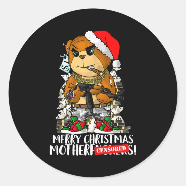 Sticker Rond Merry Christmas Motherfker! Hip Hop Teddy Bear Xma (Devant)