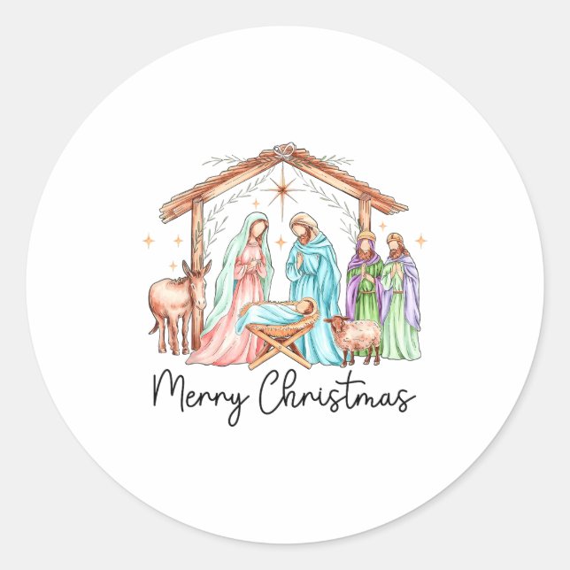 Sticker Rond Merry Christmas Nativity Scene North Star Baby Jes (Devant)