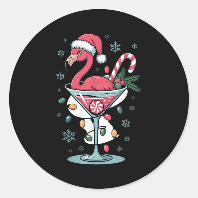Sticker Rond Merry Christmas Nk Flamingo Wine Drinking Lights X (Devant)