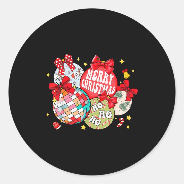 Sticker Rond Merry Christmas Ornaments Disco Ball Coquette Bow  (Devant)