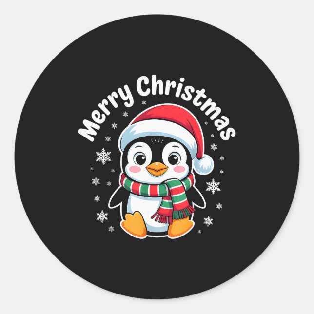 Sticker Rond Merry Christmas Penguin Cute Santa Hat Winter Holi (Devant)