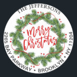 Sticker Rond Merry Christmas Pine Wreath Retour Adresse Étiquet<br><div class="desc">Merry Christmas Pine Wreath Retourner l'adresse Étiquettes. Pour plus de personnalisation,  cliquez sur le lien "customiser plus" et utilisez notre outil de conception pour modifier ce modèle.</div>