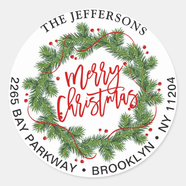 Sticker Rond Merry Christmas Pine Wreath Retour Adresse Étiquet (Devant)