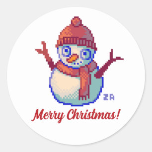 Sticker Rond Merry Christmas, pixels, Snowman