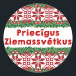 Sticker Rond Merry Christmas Priecīgus Sacassētkus<br><div class="desc">Joyeux Noël en letton : Priecīgus Ziemassvētkus</div>