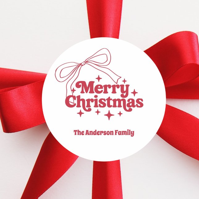 Sticker Rond Merry Christmas red hand-drawn bow retro (Créateur téléchargé)