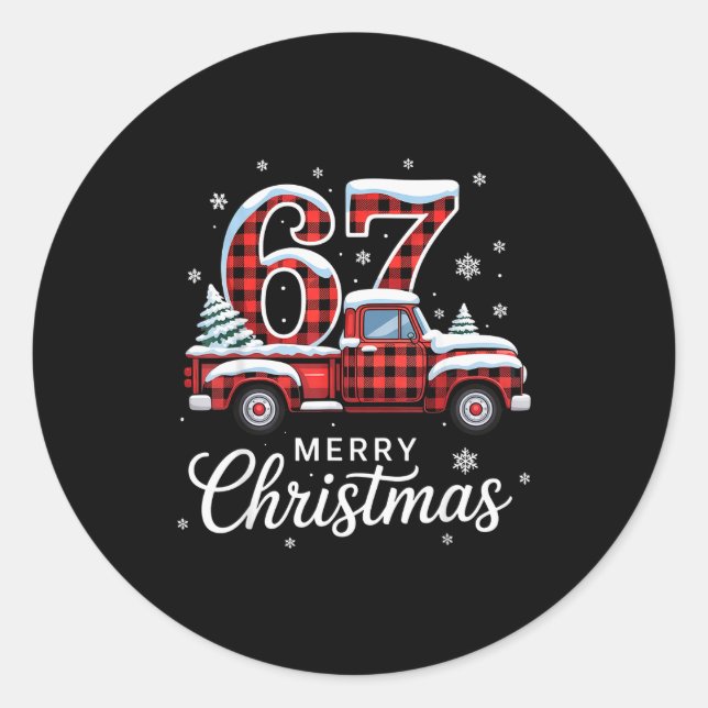 Sticker Rond Merry Christmas Red Plaid Truck Buffalo Family 67  (Devant)