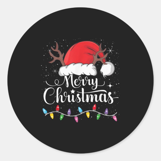 Sticker Rond Merry Christmas Red Santa Hat Reindeer Xmas Family (Devant)