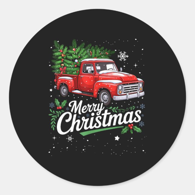 Sticker Rond Merry Christmas Red Truck Family Matching Christma (Devant)