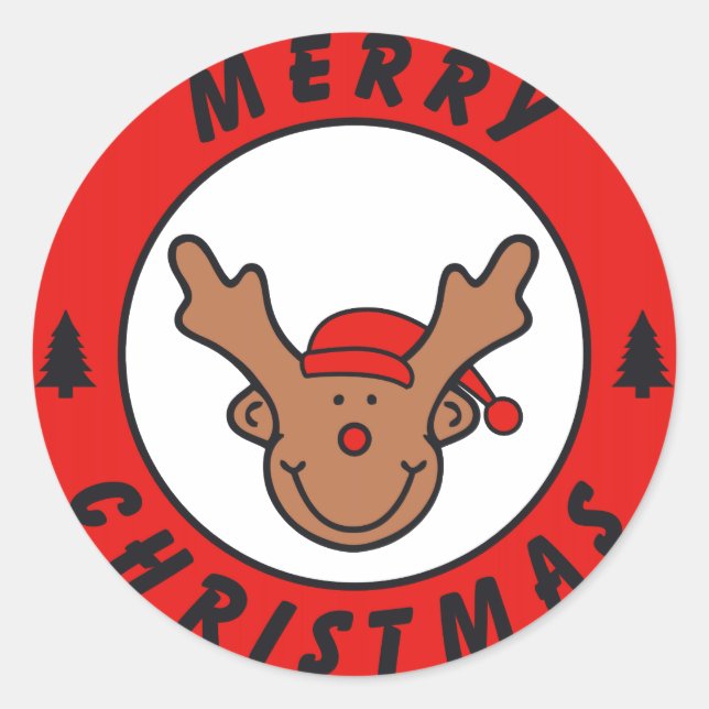 Sticker Rond Merry Christmas Rudolf Rentier avec arbre (Devant)