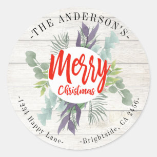 Sticker Rond Merry Christmas Rustic Wreath Return Adresse Label