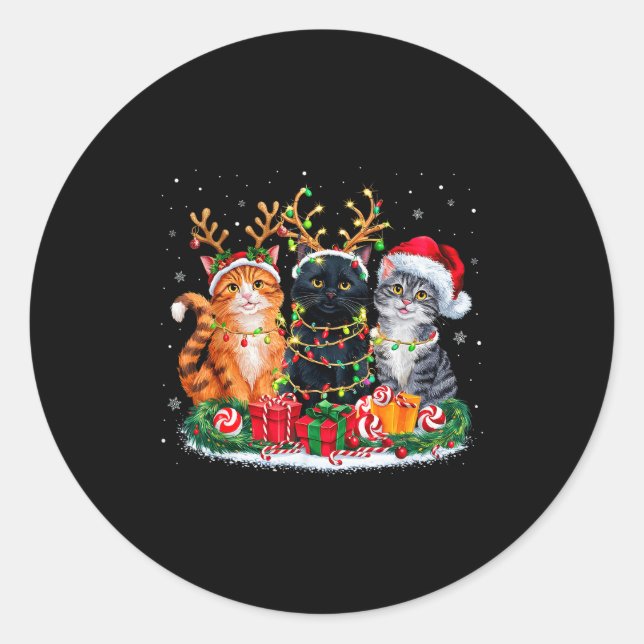 Sticker Rond Merry Christmas Santa Cat Light Gorgeous Reindeer  (Devant)