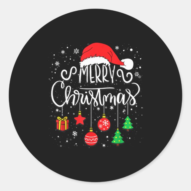 Sticker Rond Merry Christmas Santa Hat Lights Funny Xmas Family (Devant)