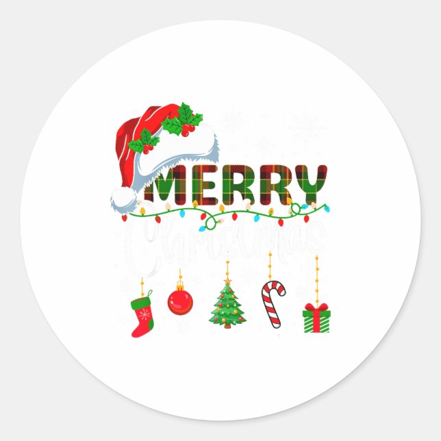 Sticker Rond Merry Christmas Santa Hat Xmas Lights Family Men W (Devant)