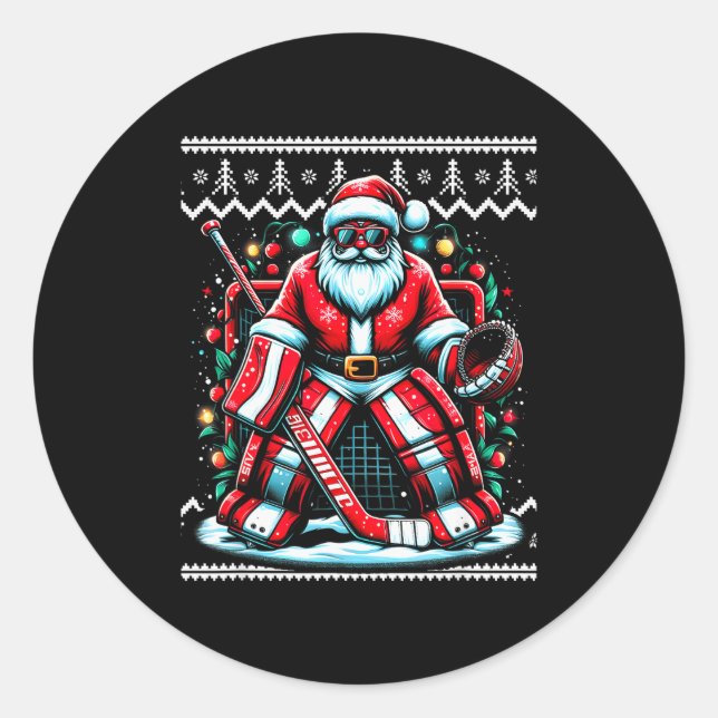 Sticker Rond Merry Christmas Santa Hockey Goalie Ugly Christmas (Devant)