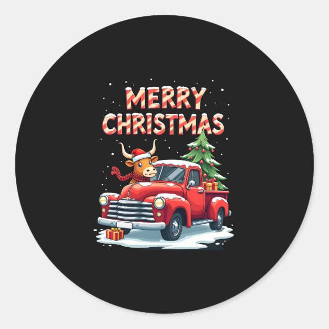 Sticker Rond Merry Christmas Scottish Highland Cow Xmas Farm An (Devant)