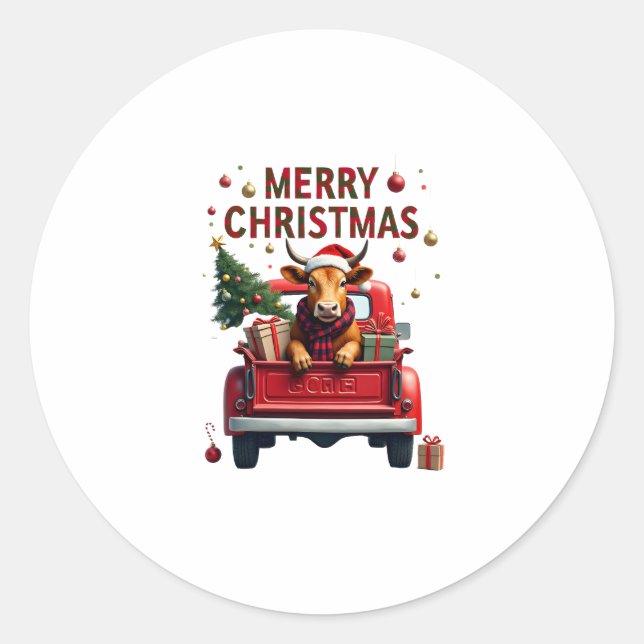 Sticker Rond Merry Christmas Scottish Highland Cow Xmas Farm An (Devant)