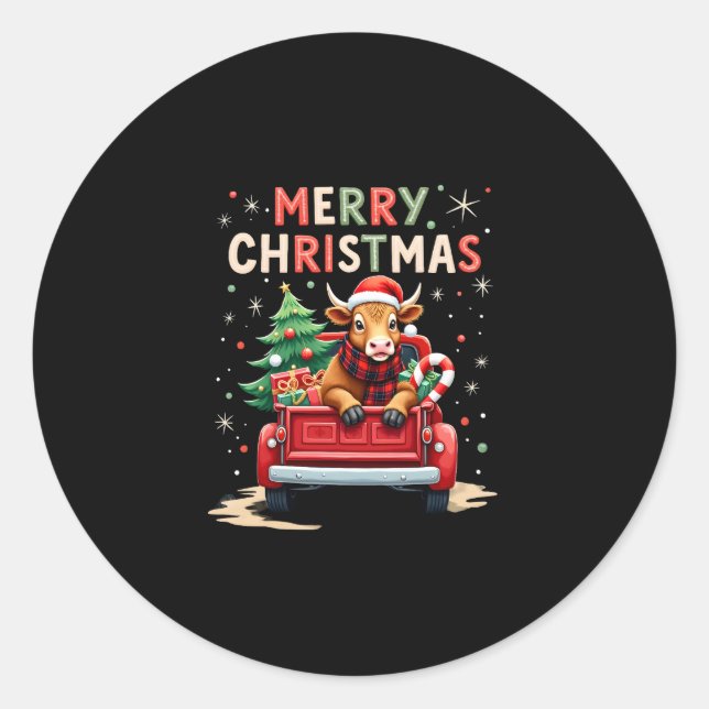 Sticker Rond Merry Christmas Scottish Highland Cow Xmas Farm An (Devant)
