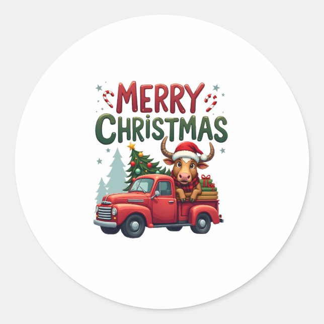 Sticker Rond Merry Christmas Scottish Highland Cow Xmas Farm An (Devant)
