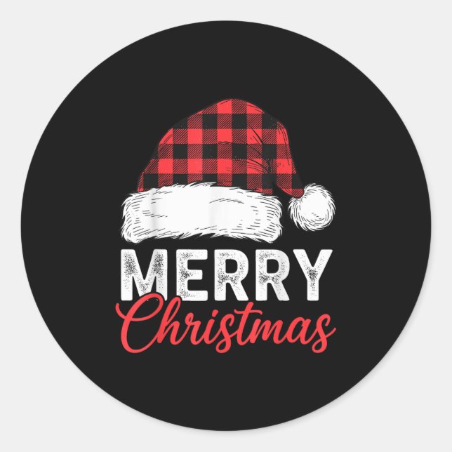 Sticker Rond Merry Christmas Shirt Santa Hat Buffalo Plaid Men  (Devant)