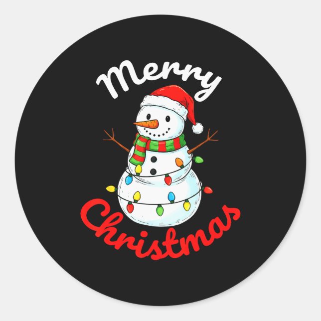 Sticker Rond Merry Christmas Snowman Santa Hat Holiday Kids Men (Devant)