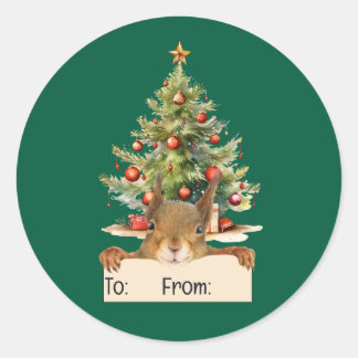 Sticker Rond Merry Christmas Squirrel Christmas Tree To From