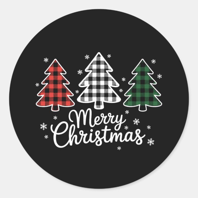 Sticker Rond Merry Christmas Tree Buffalo Plaid Red White Green (Devant)