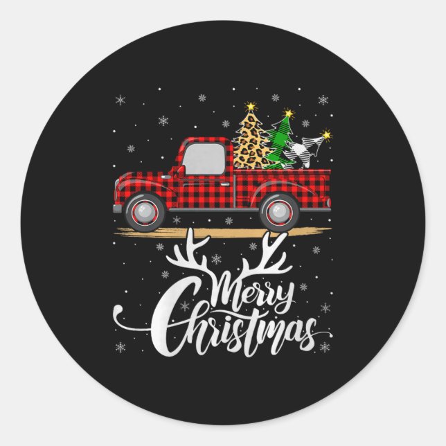 Sticker Rond Merry Christmas Tree Buffalo Plaid Truck Family Gr (Devant)