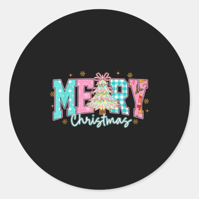 Sticker Rond Merry Christmas Tree Coquette Bow Xmas Holiday Wom (Devant)