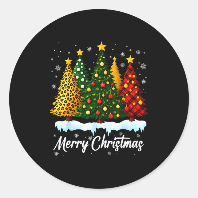 Sticker Rond Merry Christmas Tree Leopard Plaid Pajamas Xmas Wo (Devant)