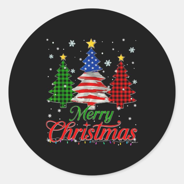 Sticker Rond Merry Christmas Tree Plaid Us Flag Snowflake Xmas  (Devant)