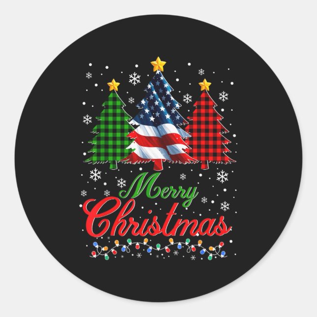 Sticker Rond Merry Christmas Tree Plaid Us Flag Snowflake Xmas  (Devant)