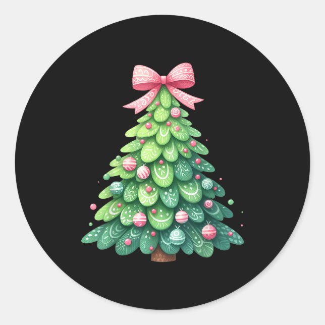 Sticker Rond Merry Christmas Tree With Coquette Bow Xmas Holida (Devant)